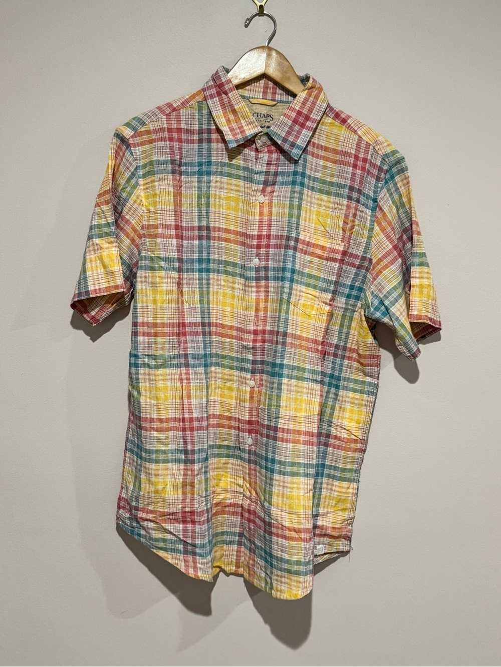 Chaps Mens Seacoast Wash Linen Blend Plaid Short Sleeve Button Down Shirt Med